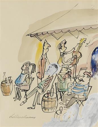 LUDWIG BEMELMANS. There is shade under gray awnings, a guitar player, a mandolin picker, a girl singer softly entertains...